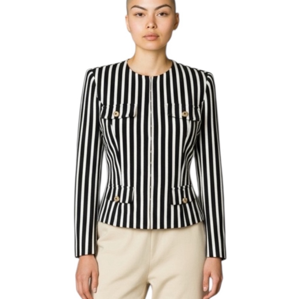 GUESS Black and White Striped Knit Blazer